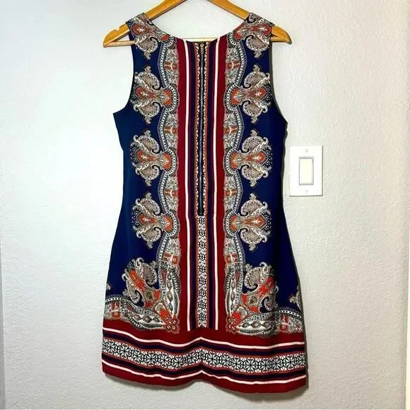 Artisan NY Womens Navy Burgundy Paisley Border Print Sleeveless Shift Dress 6 - Picture 8 of 10